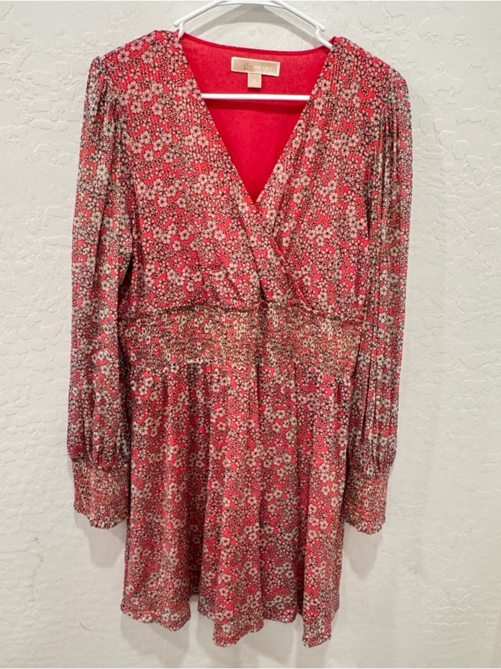 MICHAEL Michael Kors Red Floral Faux-Wrap Mini Dress Womens XL Metallic Stripes